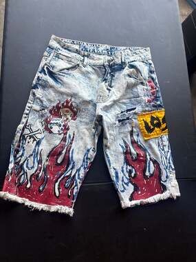 Smoke Rise Flame Graphic Distressed Denim Cut Off Shorts Angel Blue